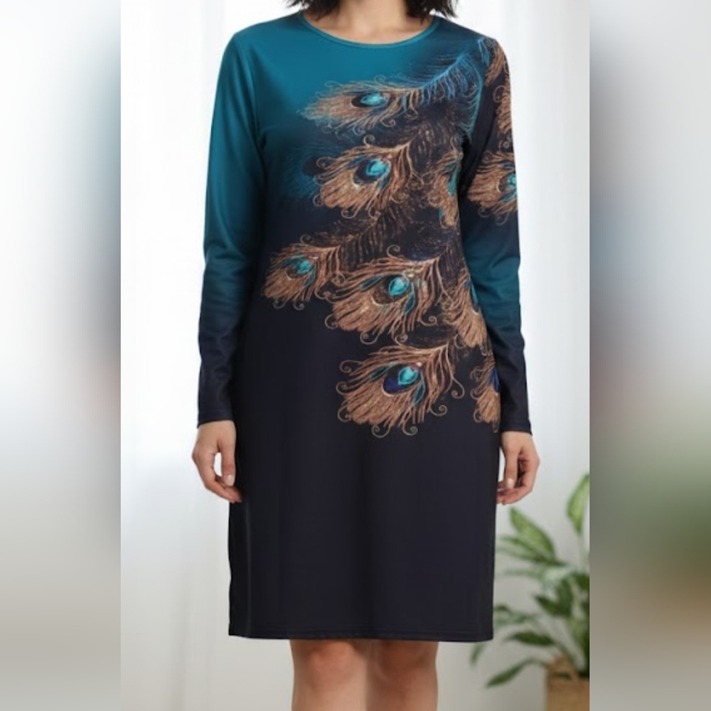 Elegant Peacock Feather Print Dress
